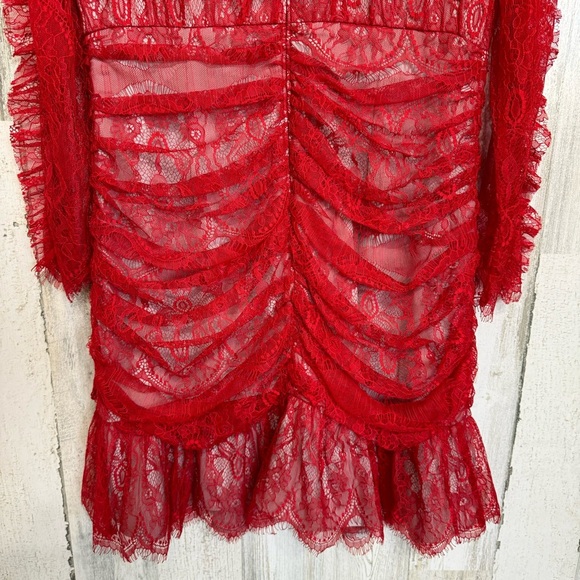 Elliatt Rose Red Ruched Lace Long Sleeve Mini Dress Size M Party Cocktail - Picture 11 of 13